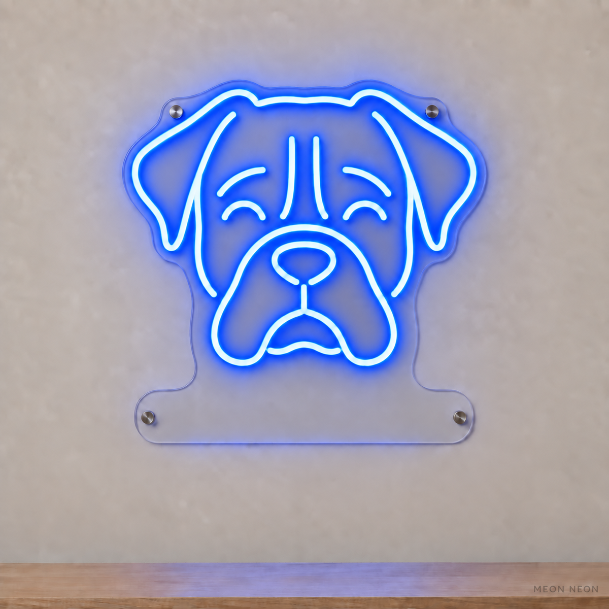 MEON NEON-watermarked concept mockup of a Blue Boxer head LED neon sign with a blank acrylic area for a UV-printed breed caption or dog name.