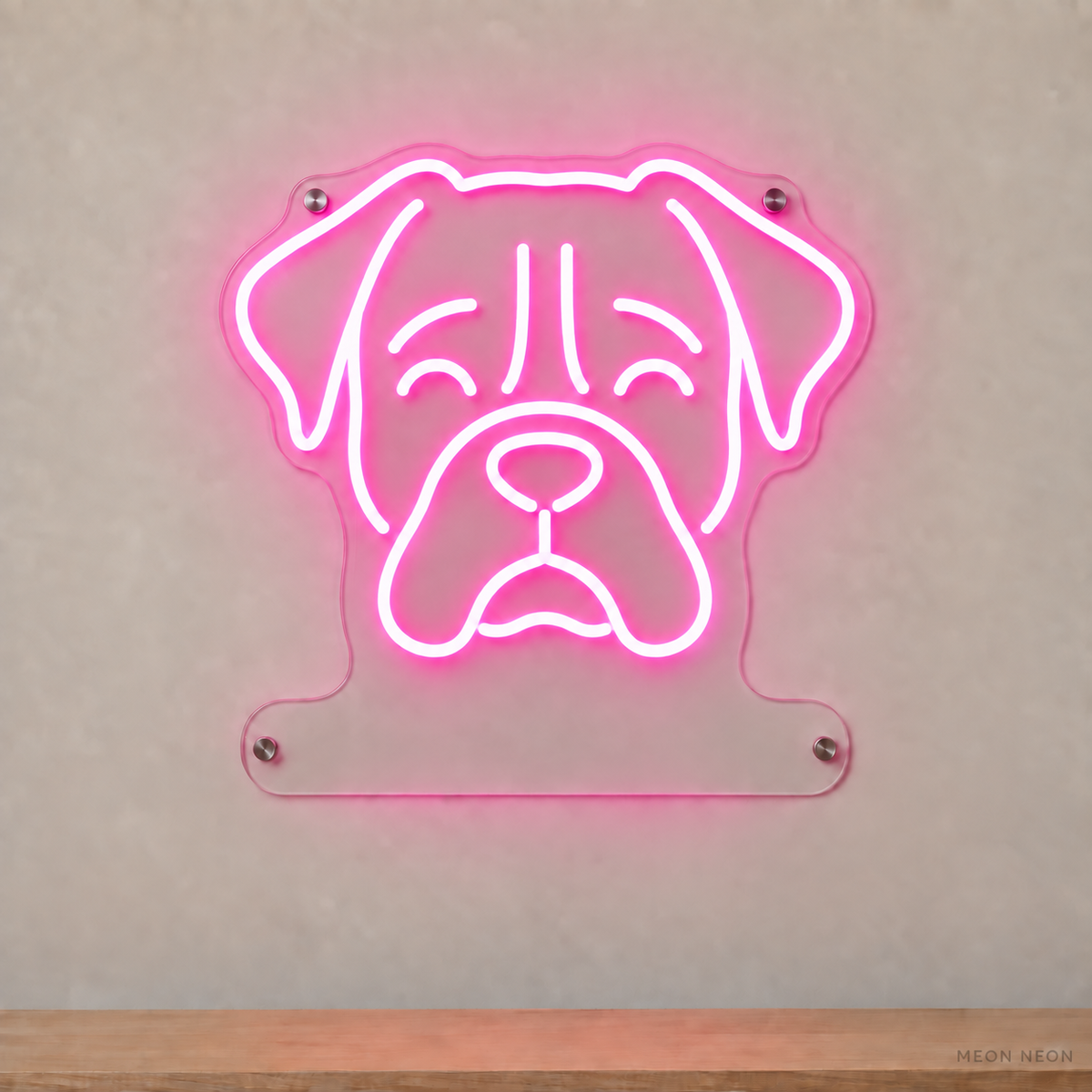 MEON NEON-watermarked concept mockup of a Pink Boxer head LED neon sign with a blank acrylic area for a UV-printed breed caption or dog name.
