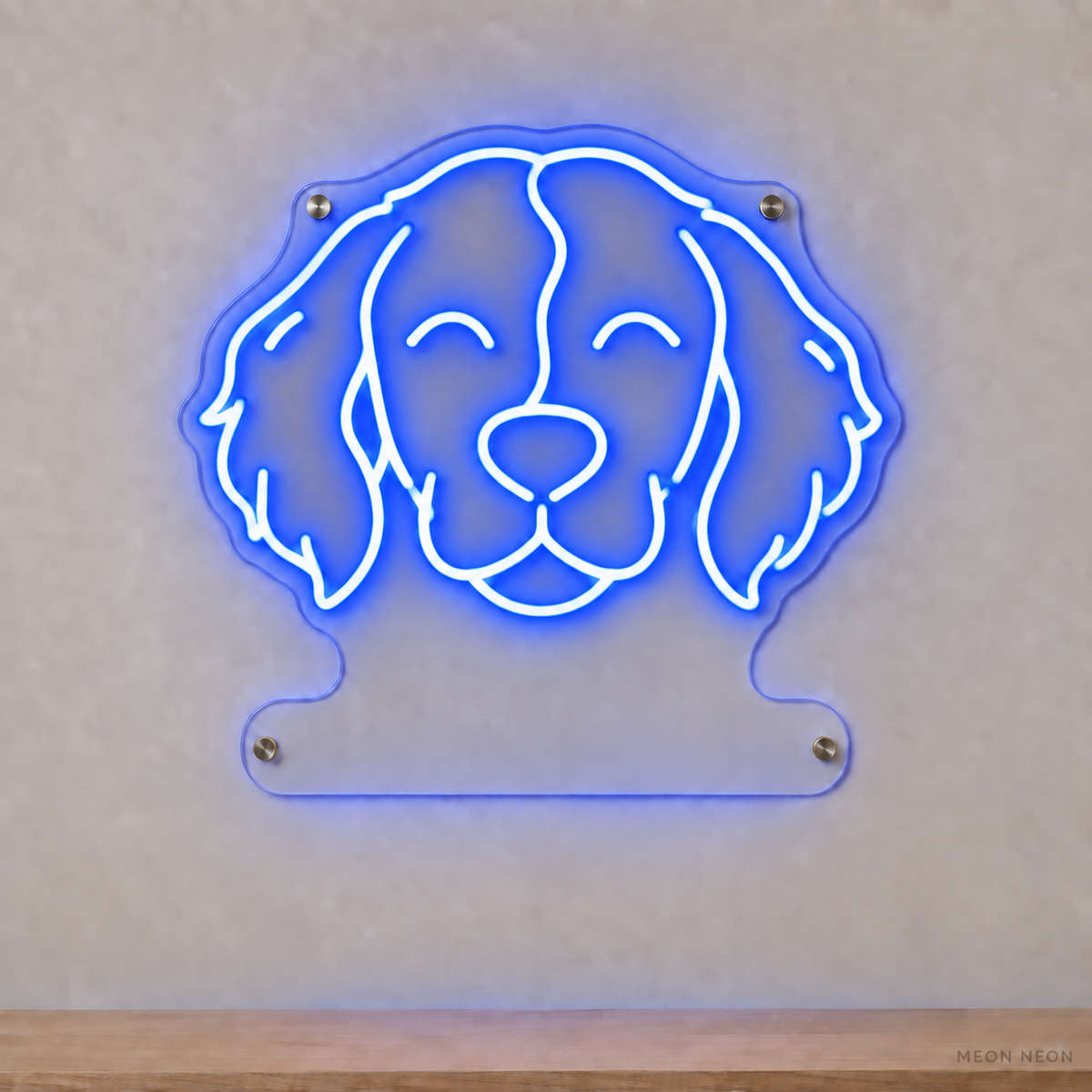 MEON NEON-watermarked concept mockup of a Blue Brittany head LED neon sign with a blank acrylic area for a UV-printed breed caption or dog name.