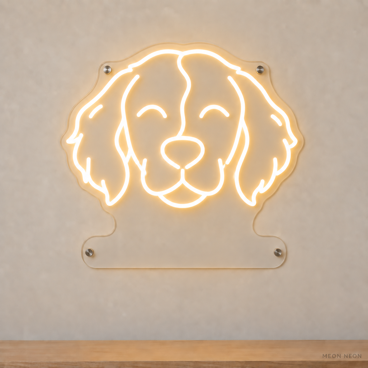 MEON NEON-watermarked concept mockup of a Warm White Brittany head LED neon sign with a blank acrylic area for a UV-printed breed caption or dog name.