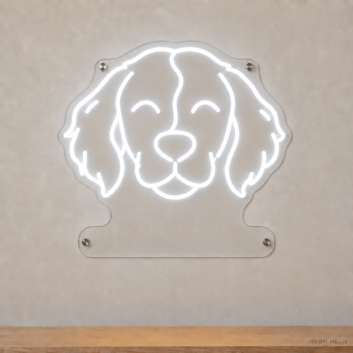 MEON NEON-watermarked concept mockup of a White Brittany head LED neon sign with a blank acrylic area for a UV-printed breed caption or dog name.