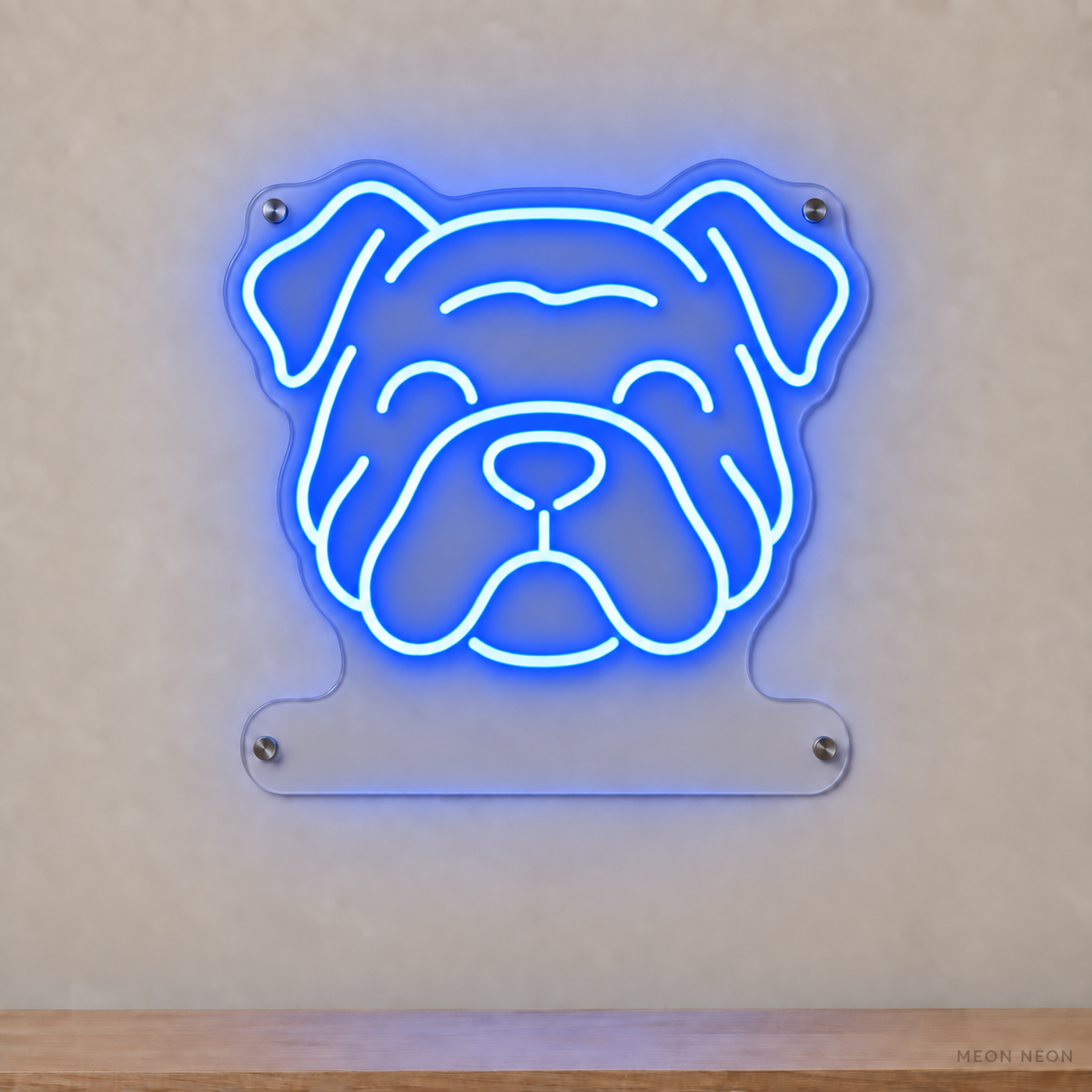 MEON NEON-watermarked concept mockup of a Blue Bulldog head LED neon sign with a blank acrylic area for a UV-printed breed caption or dog name.