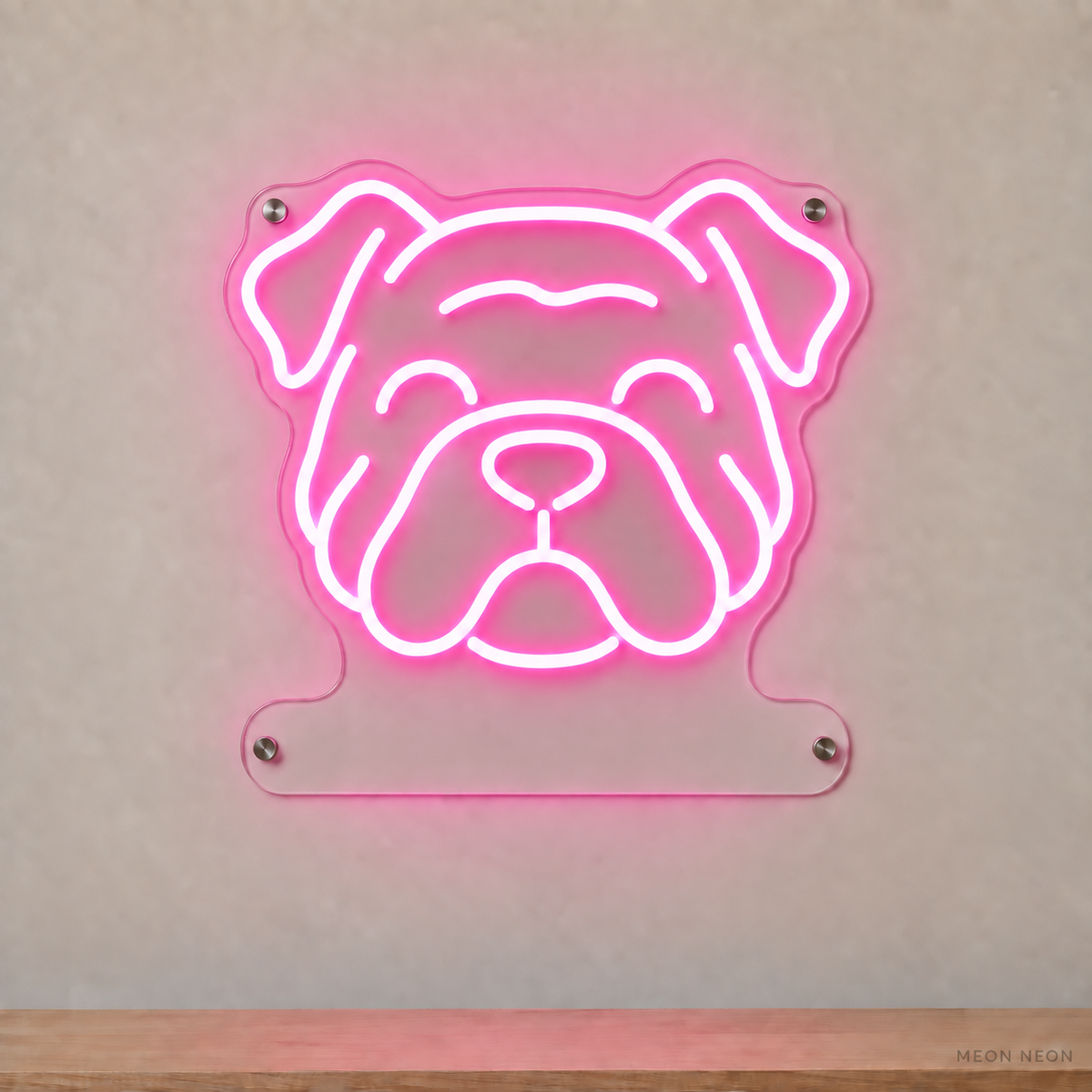 MEON NEON-watermarked concept mockup of a Pink Bulldog head LED neon sign with a blank acrylic area for a UV-printed breed caption or dog name.