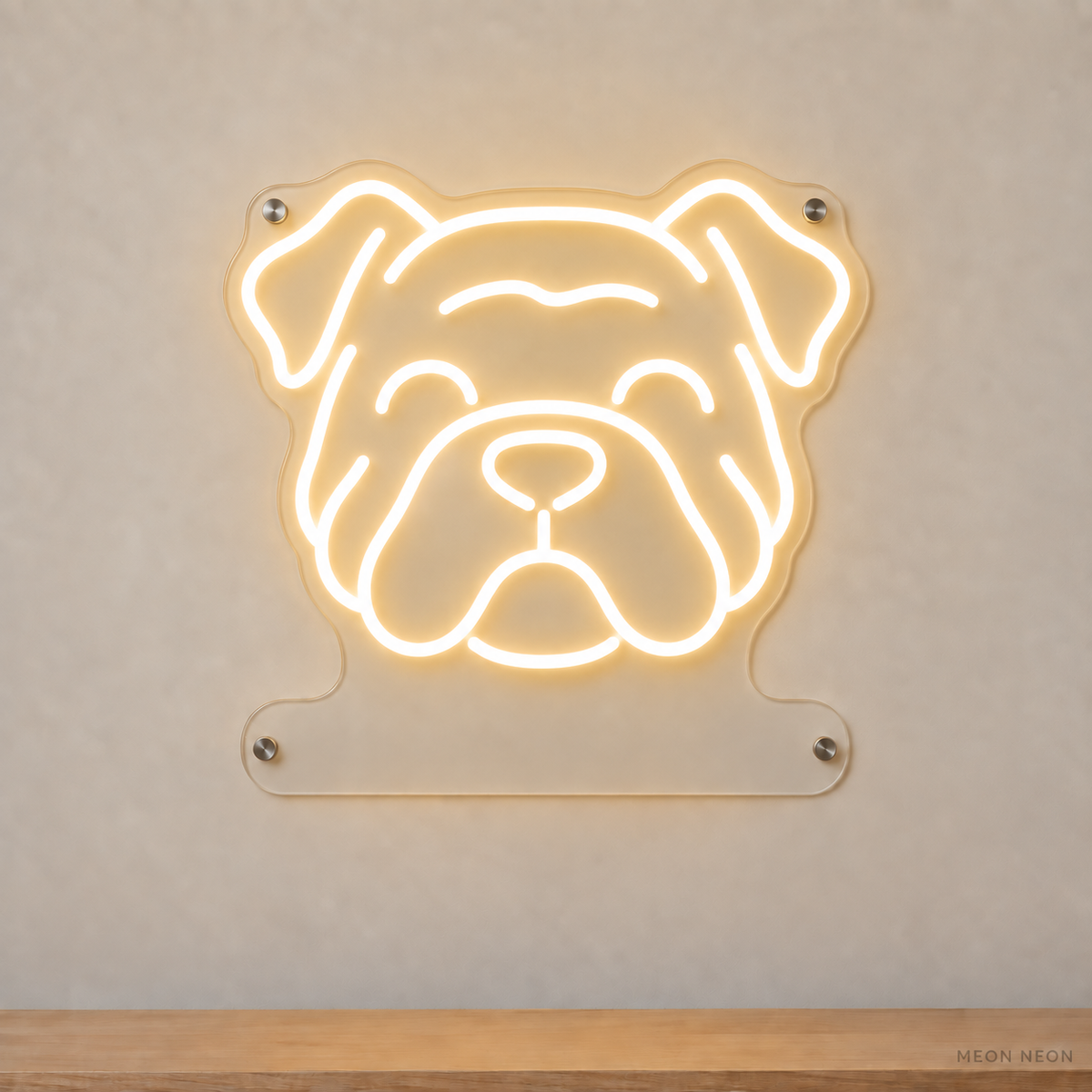 MEON NEON-watermarked concept mockup of a Warm White Bulldog head LED neon sign with a blank acrylic area for a UV-printed breed caption or dog name.