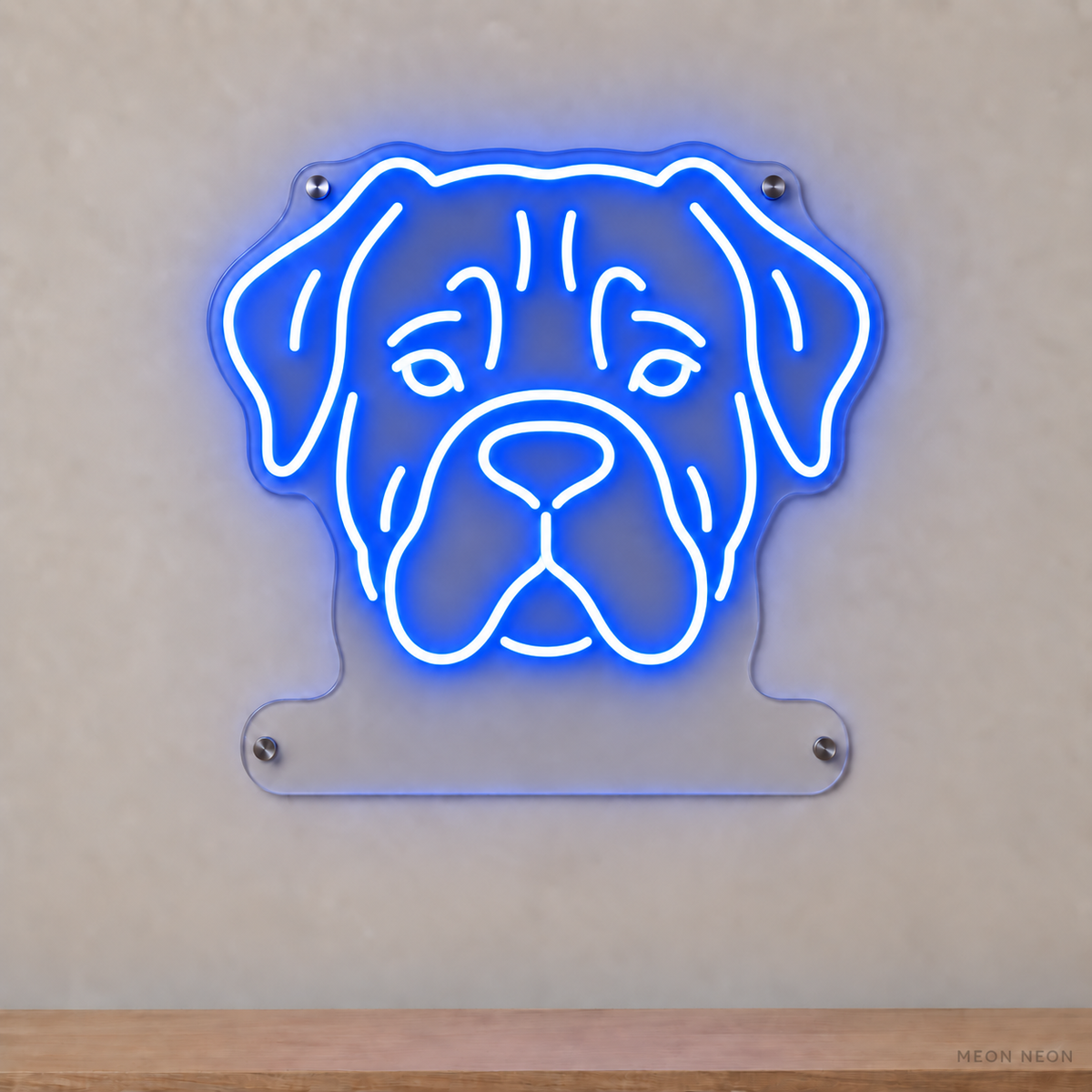 MEON NEON-watermarked concept mockup of a Blue Cane Corso head LED neon sign with a blank acrylic area for a UV-printed breed caption or dog name.