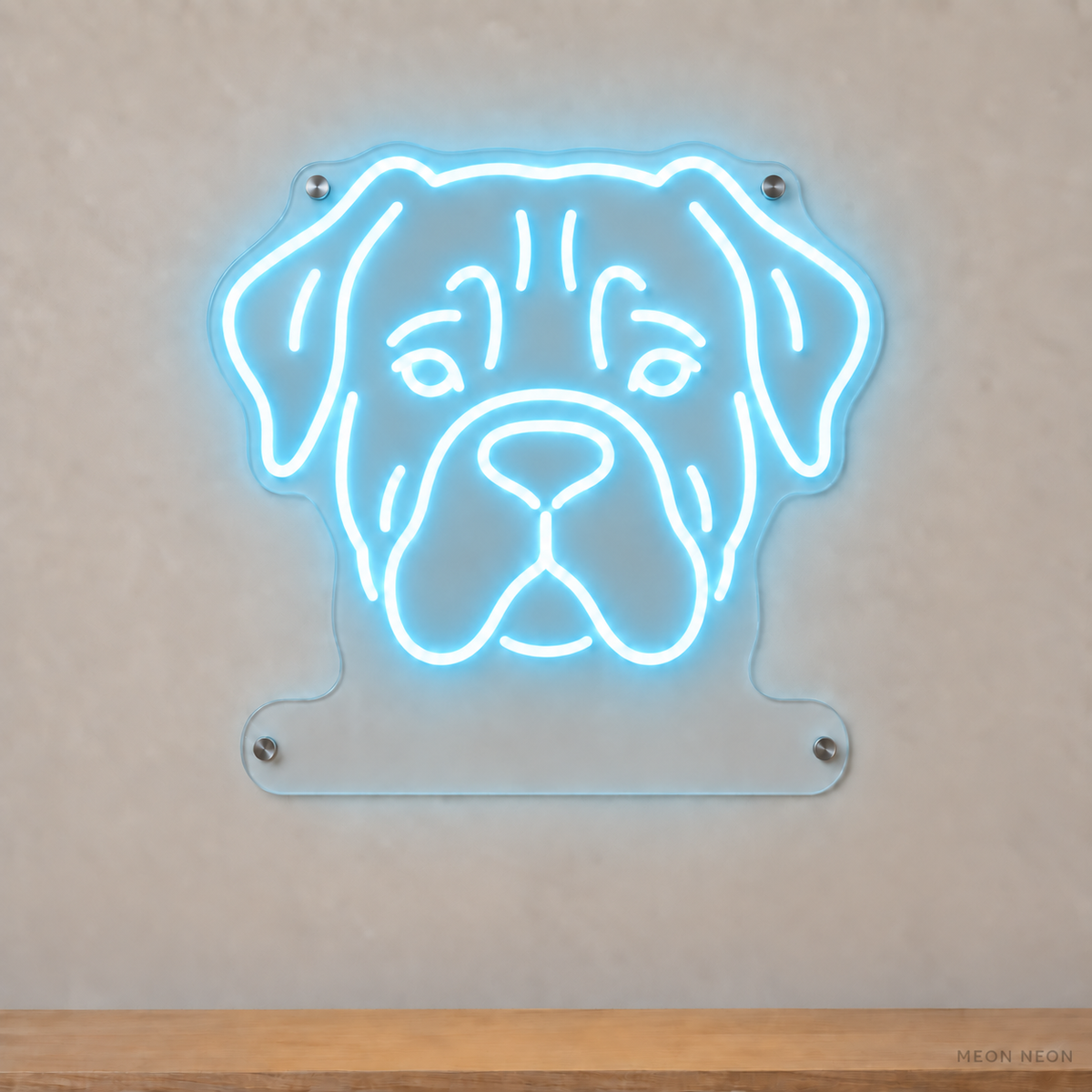 MEON NEON-watermarked concept mockup of a Ice Blue Cane Corso head LED neon sign with a blank acrylic area for a UV-printed breed caption or dog name.