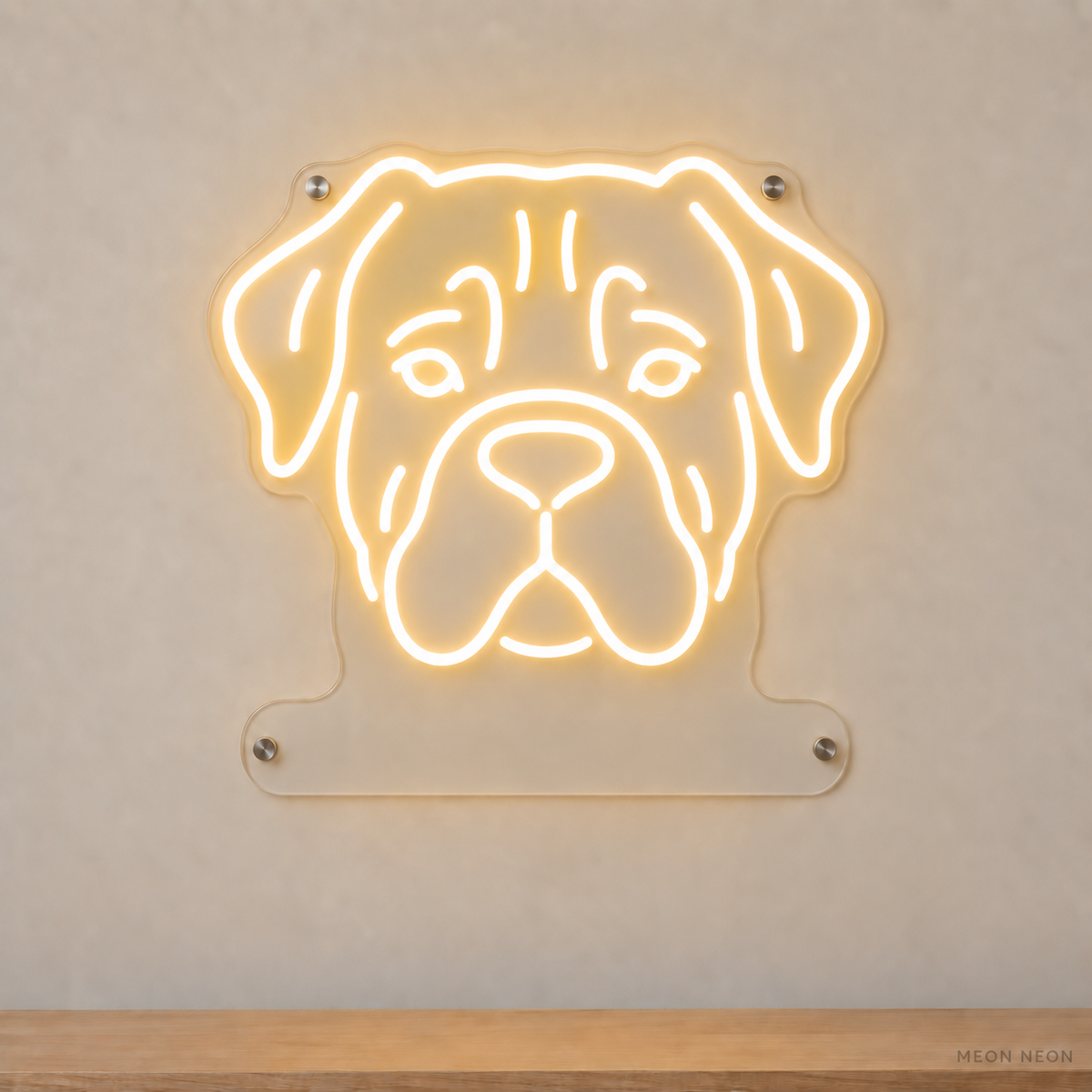 MEON NEON-watermarked concept mockup of a Warm White Cane Corso head LED neon sign with a blank acrylic area for a UV-printed breed caption or dog name.