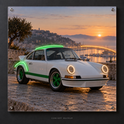 Porsche 911 Carrera RS — Coastal Dawn UV-printed LED neon concept with Green / Warm White / Amber accents