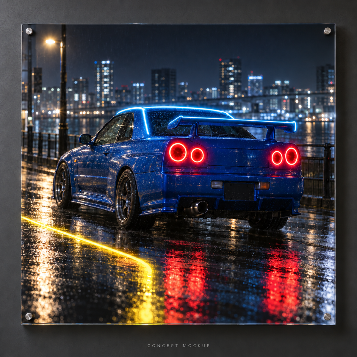 Nissan Skyline GT-R R34 — Midnight Rain UV-printed LED neon concept with Ice Blue / Red / Yellow accents