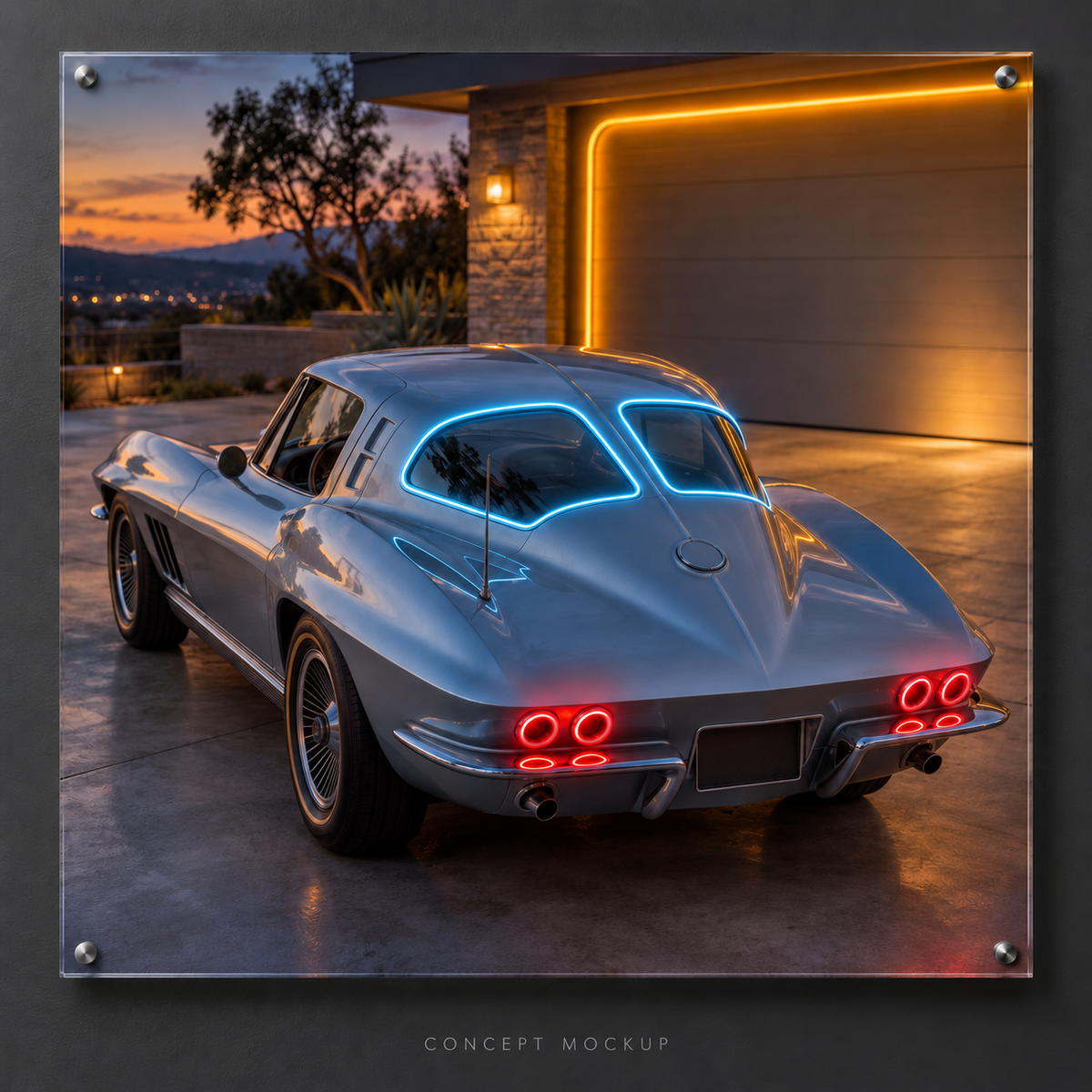 Chevrolet Corvette C2 — Split-Window Twilight UV-printed LED neon concept with Ice Blue / Red / Amber accents