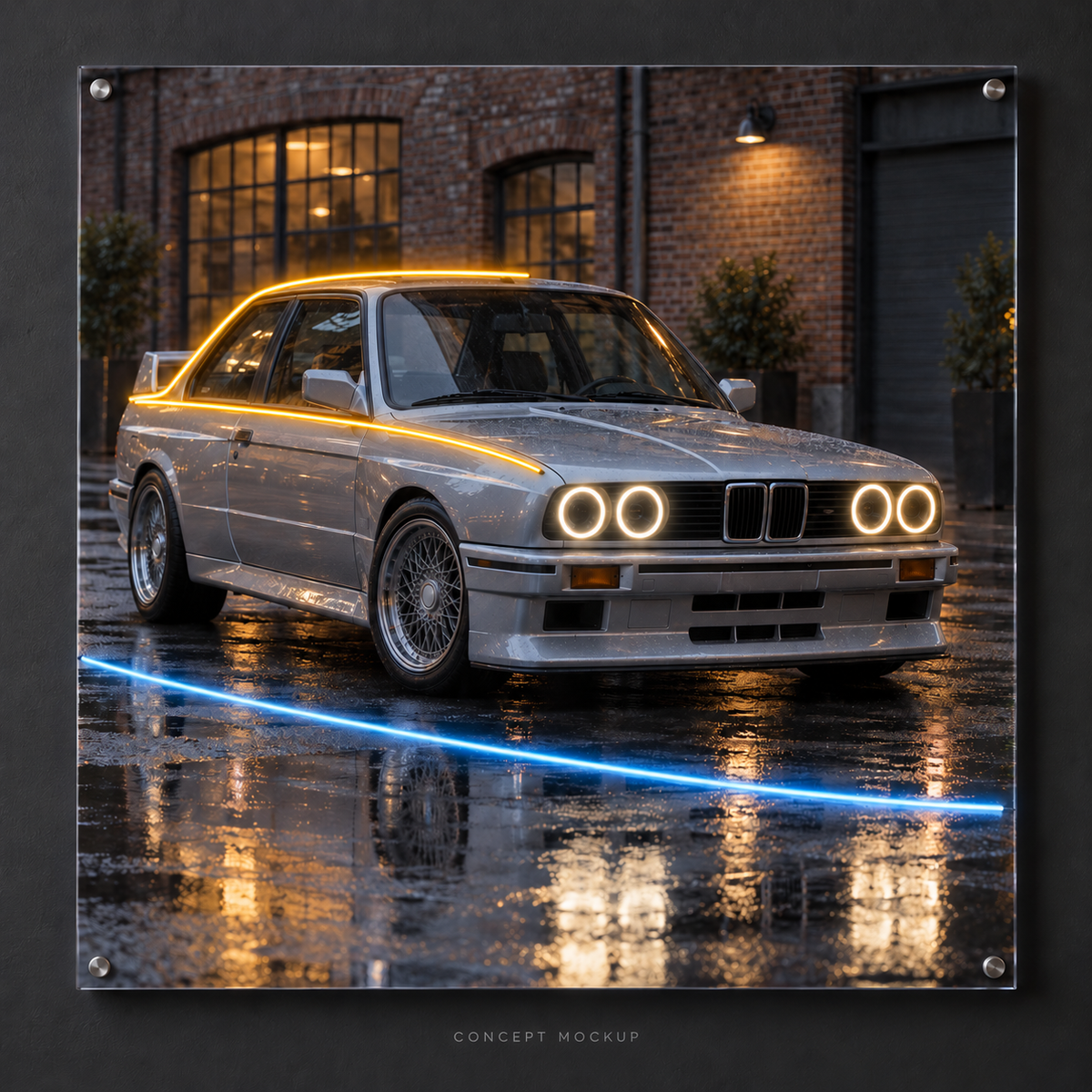 BMW M3 E30 — Industrial Silver UV-printed LED neon concept with Warm White / Amber / Ice Blue accents