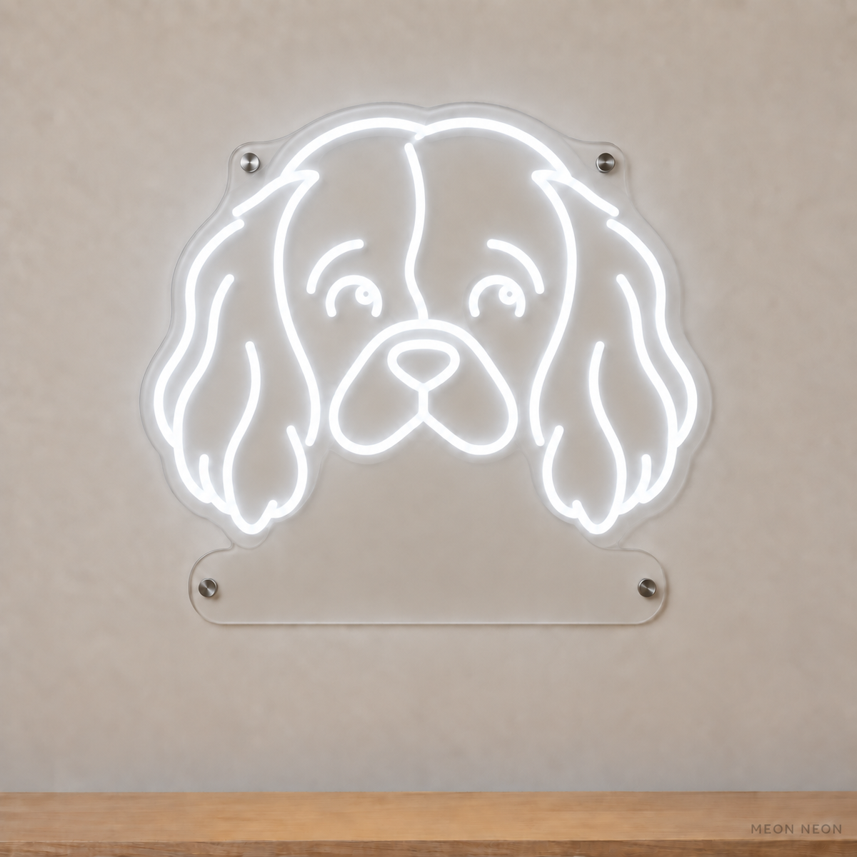 MEON NEON-watermarked concept mockup of a White Cavalier King Charles Spaniel head LED neon sign with a blank acrylic area for a UV-printed breed caption or dog name.