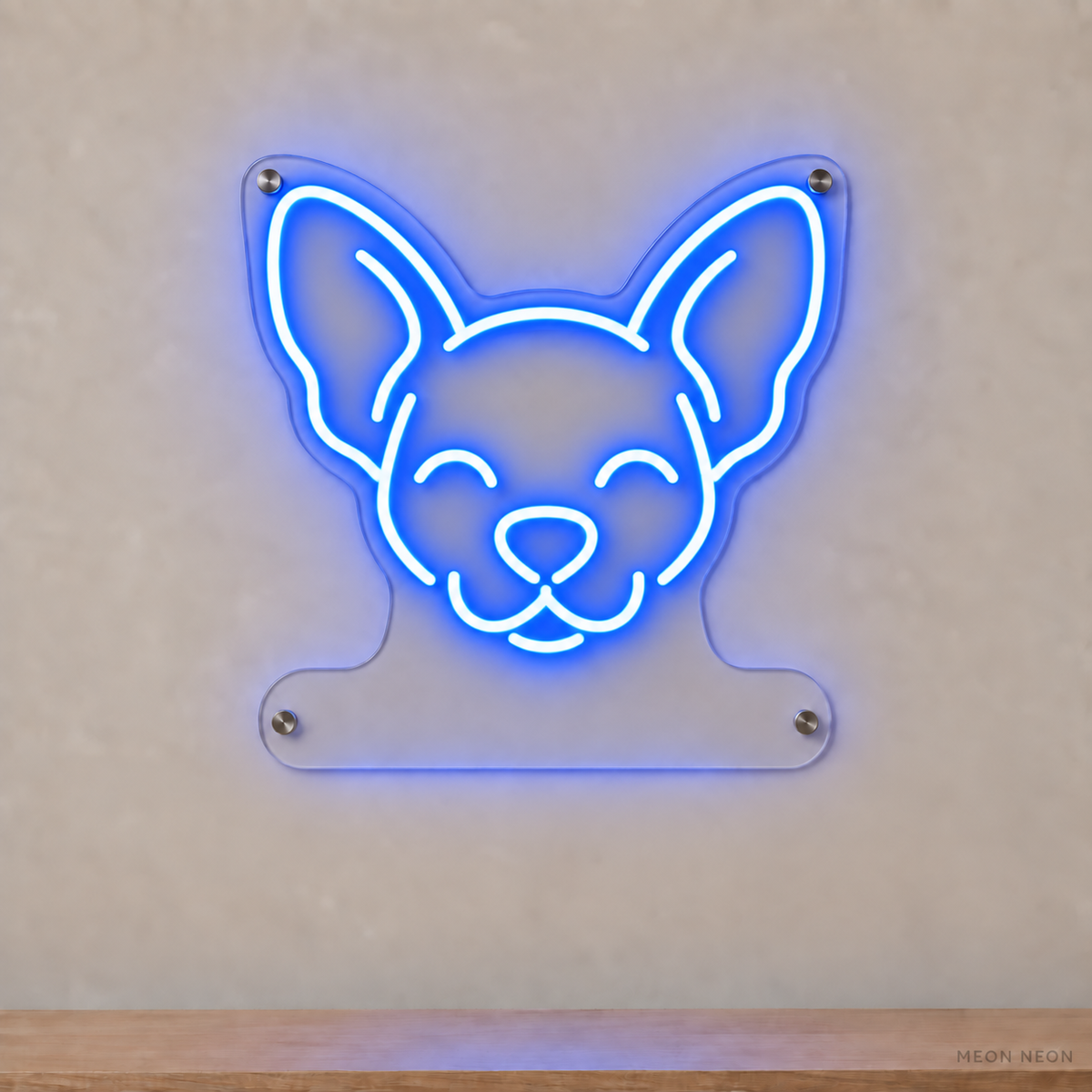 MEON NEON-watermarked concept mockup of a Blue Chihuahua head LED neon sign with a blank acrylic area for a UV-printed breed caption or dog name.