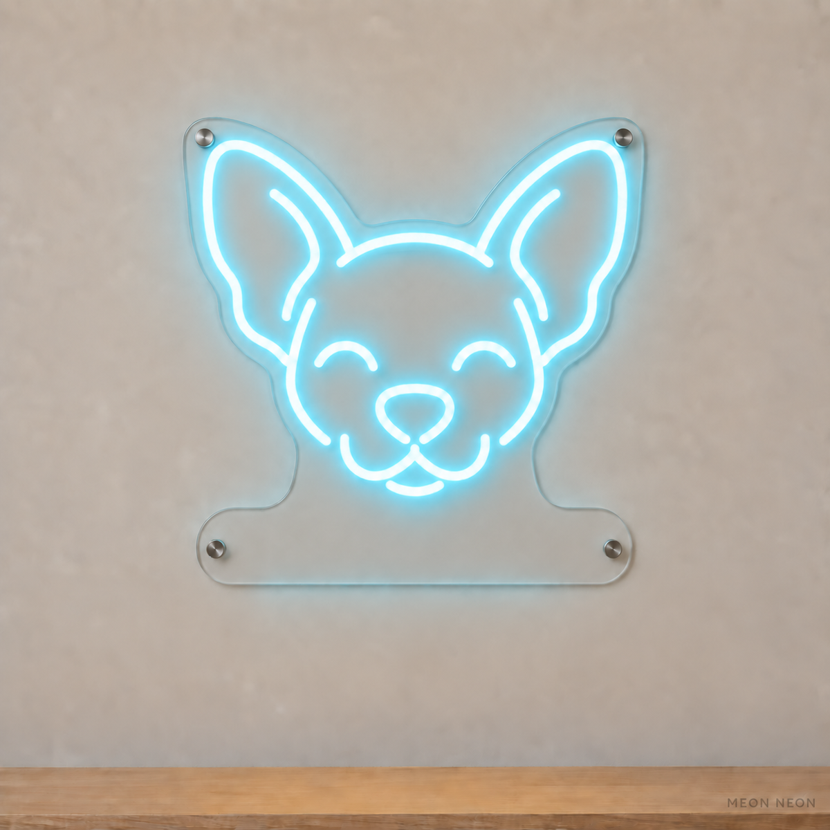 MEON NEON-watermarked concept mockup of a Ice Blue Chihuahua head LED neon sign with a blank acrylic area for a UV-printed breed caption or dog name.