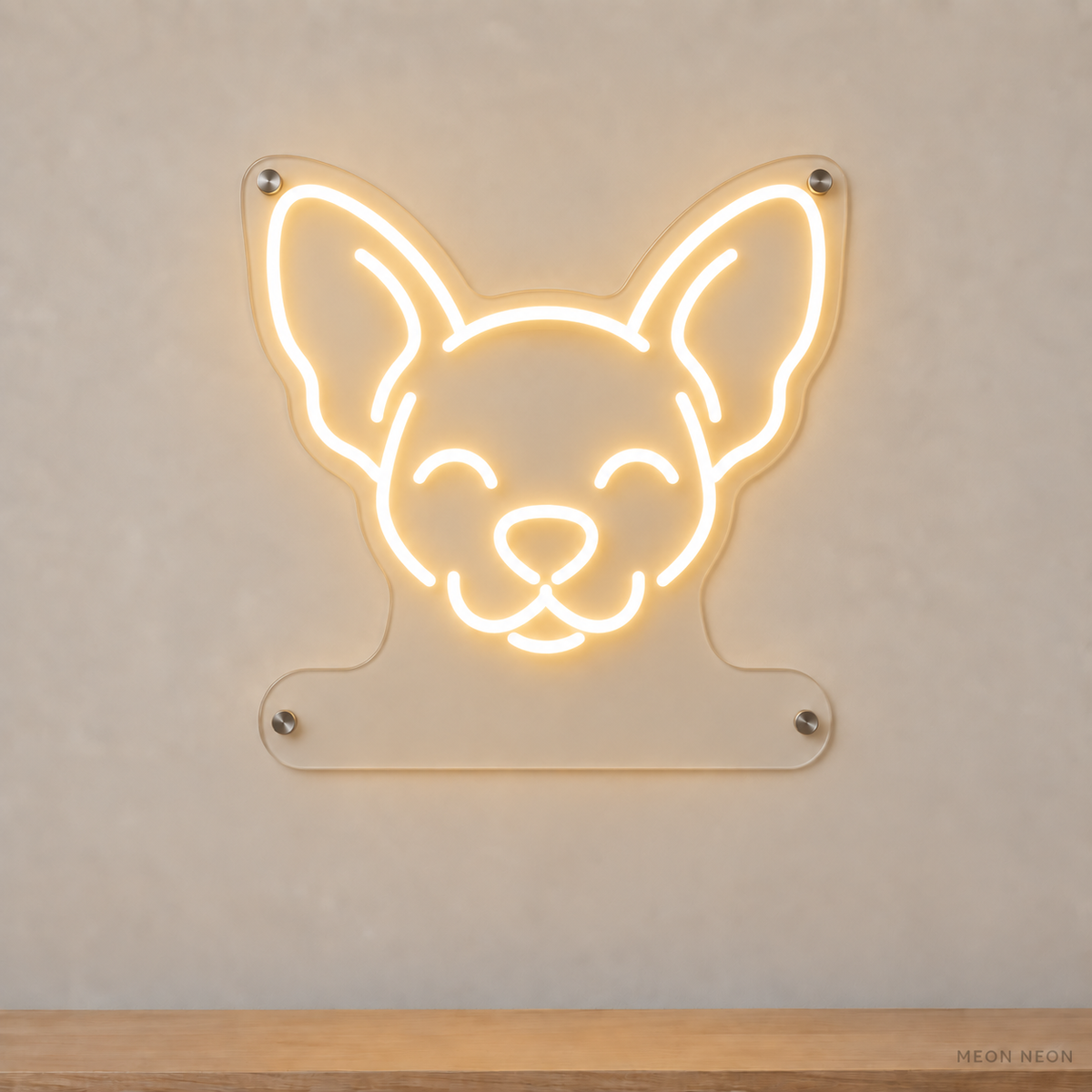 MEON NEON-watermarked concept mockup of a Warm White Chihuahua head LED neon sign with a blank acrylic area for a UV-printed breed caption or dog name.