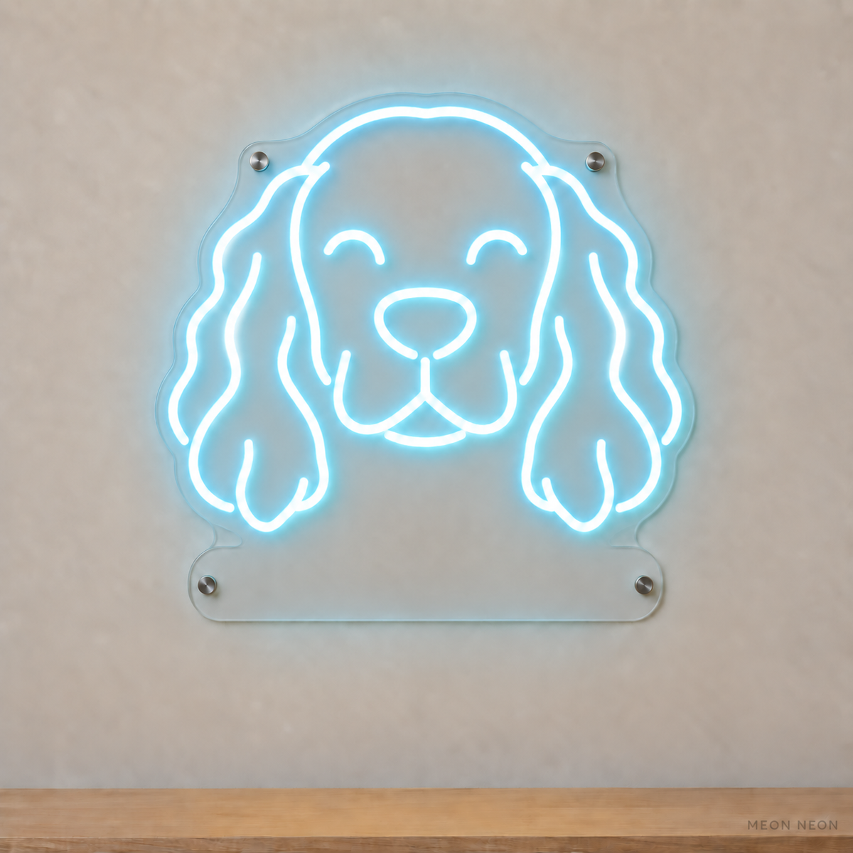 MEON NEON-watermarked concept mockup of a Ice Blue Cocker Spaniel head LED neon sign with a blank acrylic area for a UV-printed breed caption or dog name.