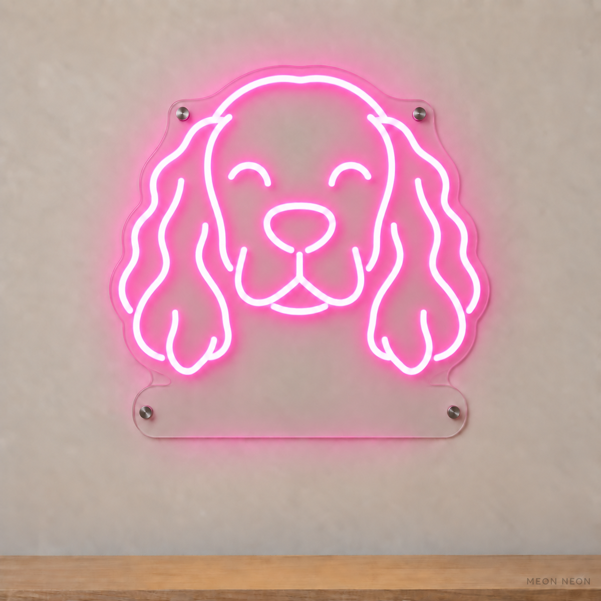 MEON NEON-watermarked concept mockup of a Pink Cocker Spaniel head LED neon sign with a blank acrylic area for a UV-printed breed caption or dog name.