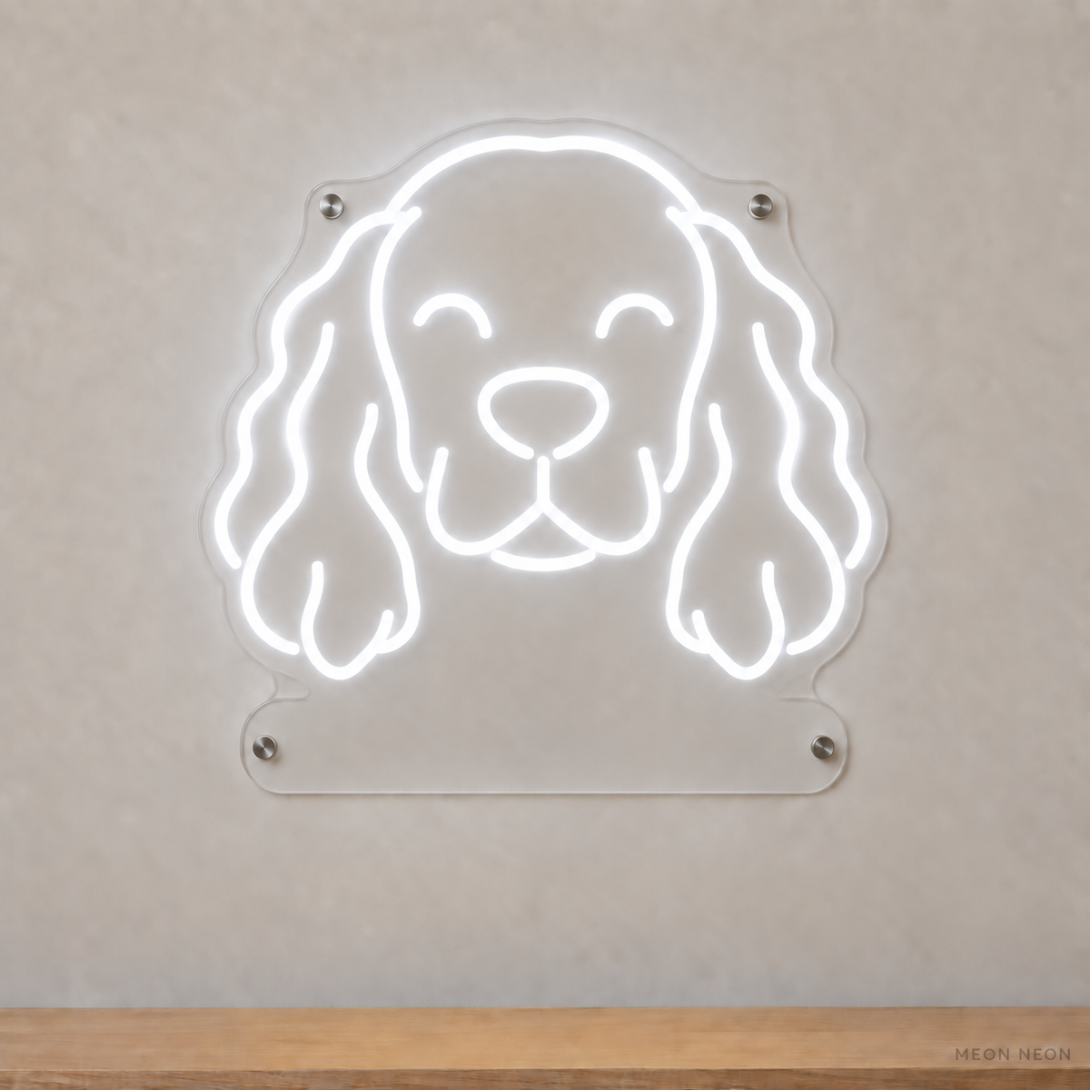 MEON NEON-watermarked concept mockup of a White Cocker Spaniel head LED neon sign with a blank acrylic area for a UV-printed breed caption or dog name.