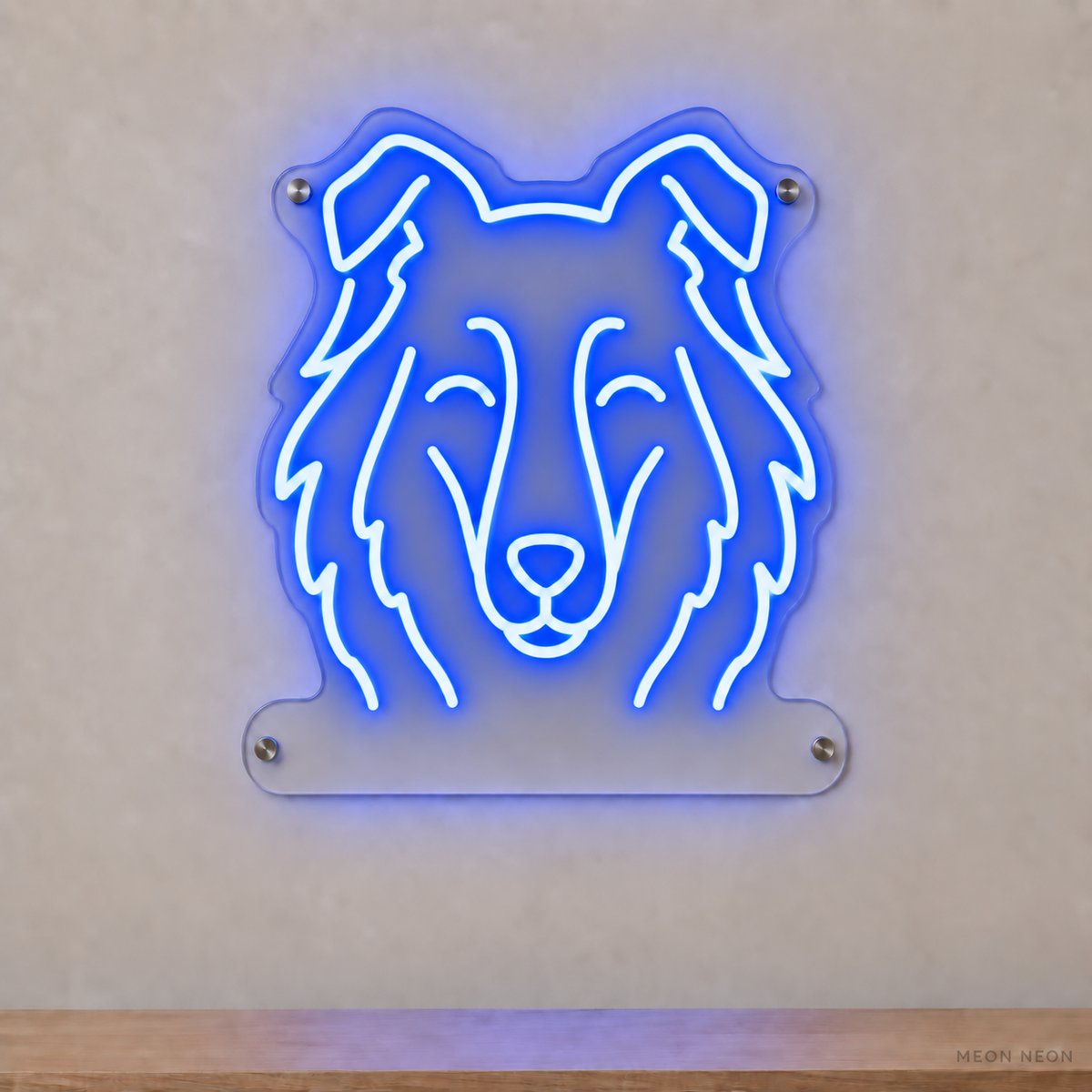 MEON NEON-watermarked concept mockup of a Blue Collie head LED neon sign with a blank acrylic area for a UV-printed breed caption or dog name.
