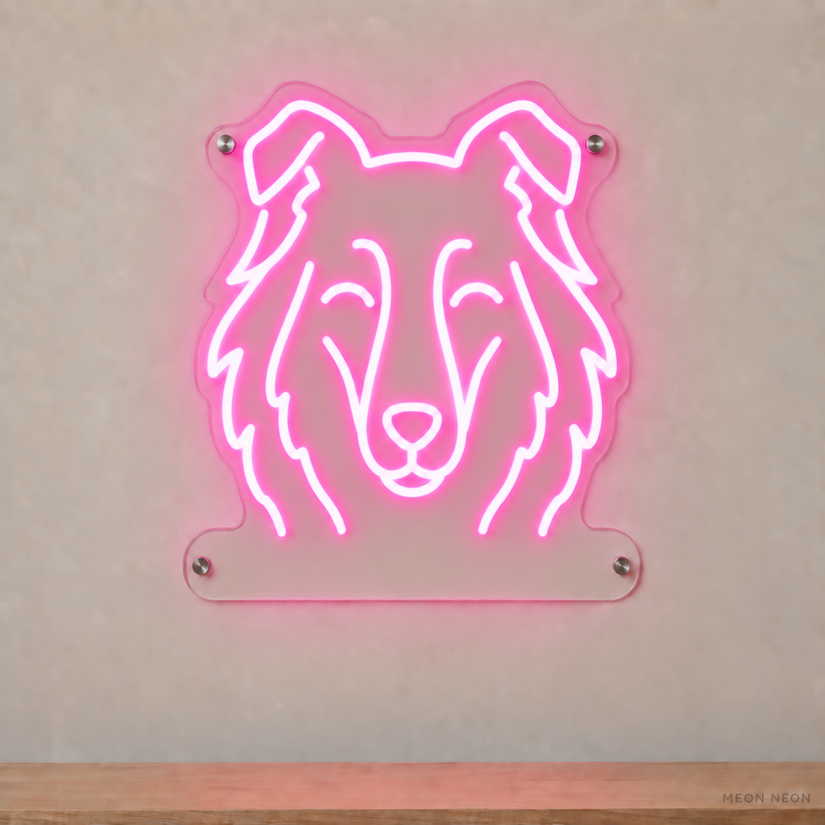 MEON NEON-watermarked concept mockup of a Pink Collie head LED neon sign with a blank acrylic area for a UV-printed breed caption or dog name.
