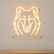 MEON NEON-watermarked concept mockup of a Warm White Collie head LED neon sign with a blank acrylic area for a UV-printed breed caption or dog name.