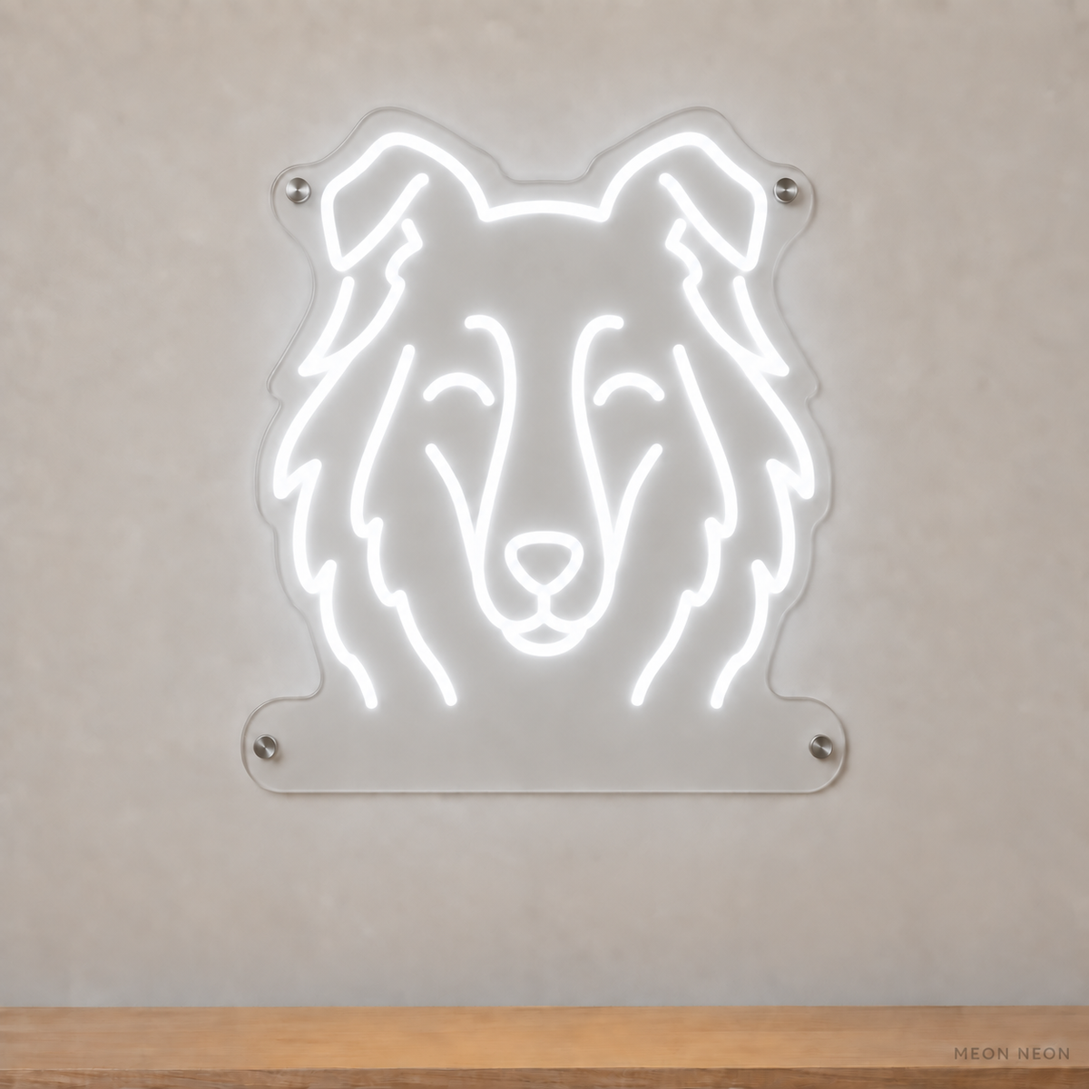 MEON NEON-watermarked concept mockup of a White Collie head LED neon sign with a blank acrylic area for a UV-printed breed caption or dog name.