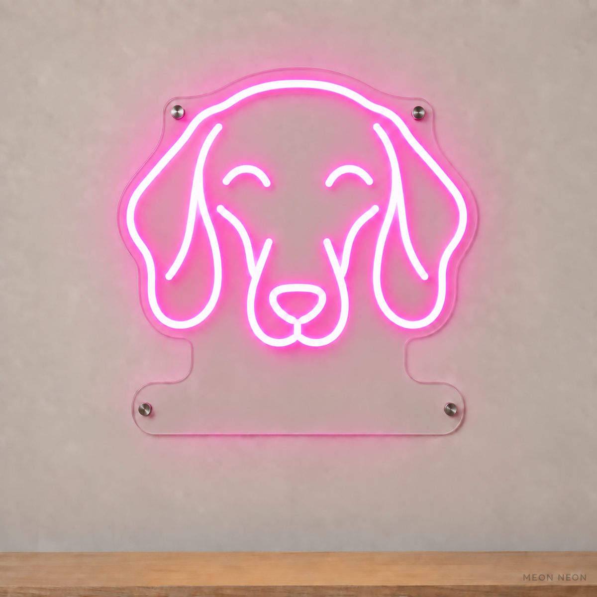 MEON NEON-watermarked concept mockup of a Pink Dachshund head LED neon sign with a blank acrylic area for a UV-printed breed caption or dog name.