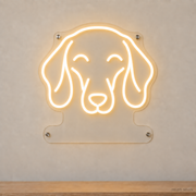 MEON NEON-watermarked concept mockup of a Warm White Dachshund head LED neon sign with a blank acrylic area for a UV-printed breed caption or dog name.
