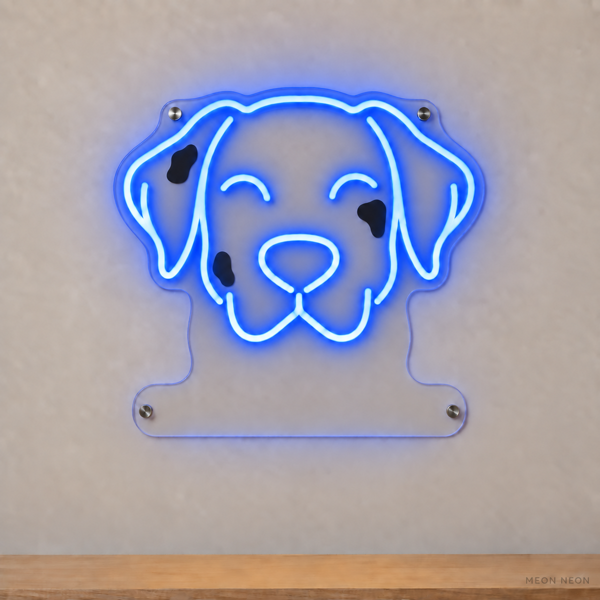 MEON NEON-watermarked concept mockup of a Blue Dalmatian head LED neon sign with a blank acrylic area for a UV-printed breed caption or dog name.
