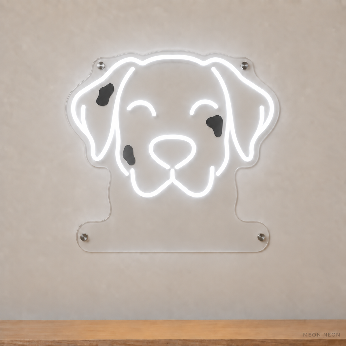 MEON NEON-watermarked concept mockup of a White Dalmatian head LED neon sign with a blank acrylic area for a UV-printed breed caption or dog name.