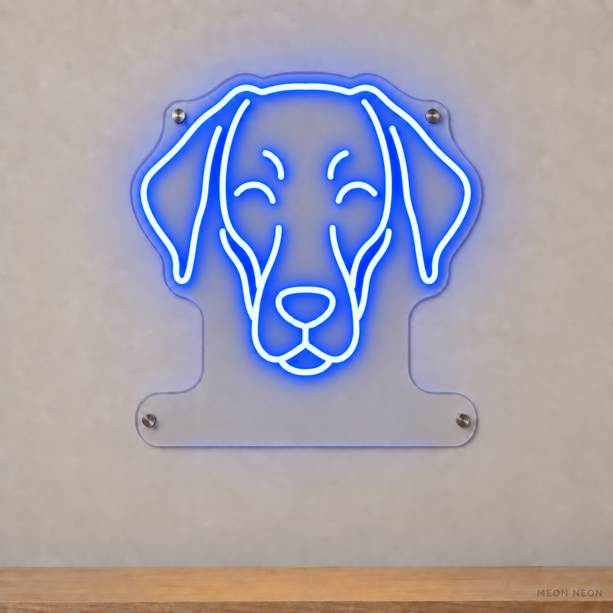 MEON NEON-watermarked concept mockup of a Blue Doberman Pinscher head LED neon sign with a blank acrylic area for a UV-printed breed caption or dog name.