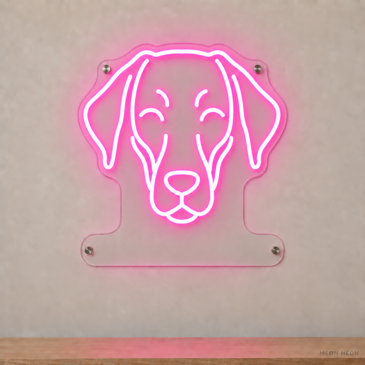 MEON NEON-watermarked concept mockup of a Pink Doberman Pinscher head LED neon sign with a blank acrylic area for a UV-printed breed caption or dog name.