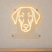 MEON NEON-watermarked concept mockup of a Warm White Doberman Pinscher head LED neon sign with a blank acrylic area for a UV-printed breed caption or dog name.