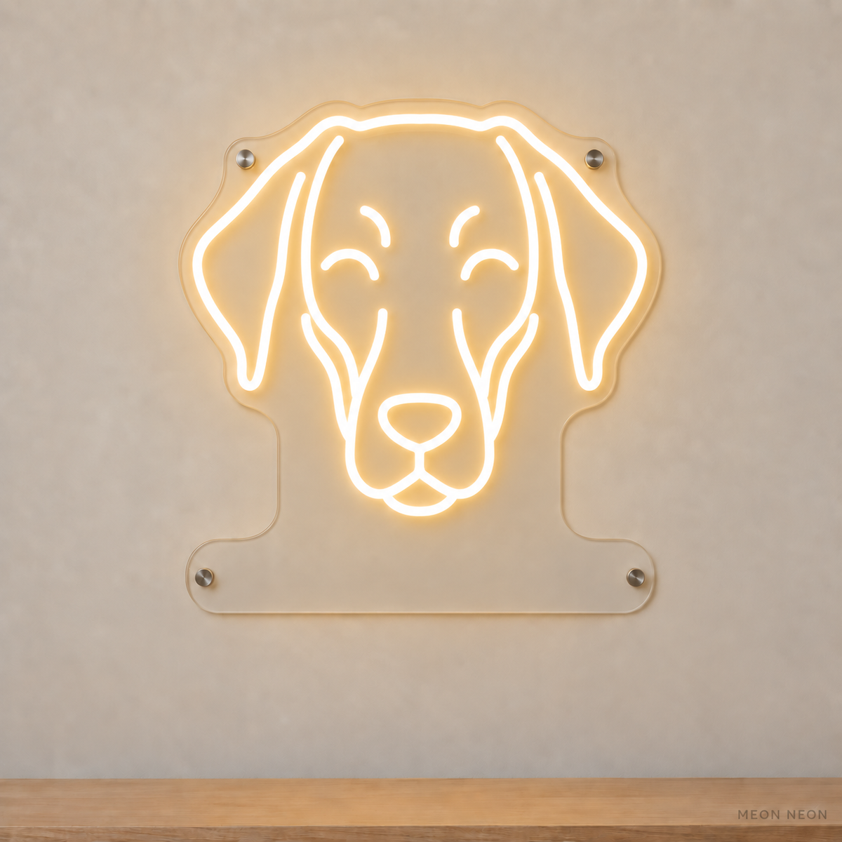 MEON NEON-watermarked concept mockup of a Warm White Doberman Pinscher head LED neon sign with a blank acrylic area for a UV-printed breed caption or dog name.