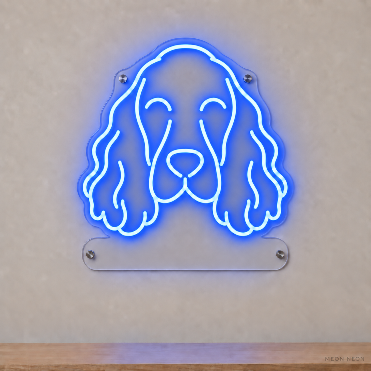 MEON NEON-watermarked concept mockup of a Blue English Cocker Spaniel head LED neon sign with a blank acrylic area for a UV-printed breed caption or dog name.