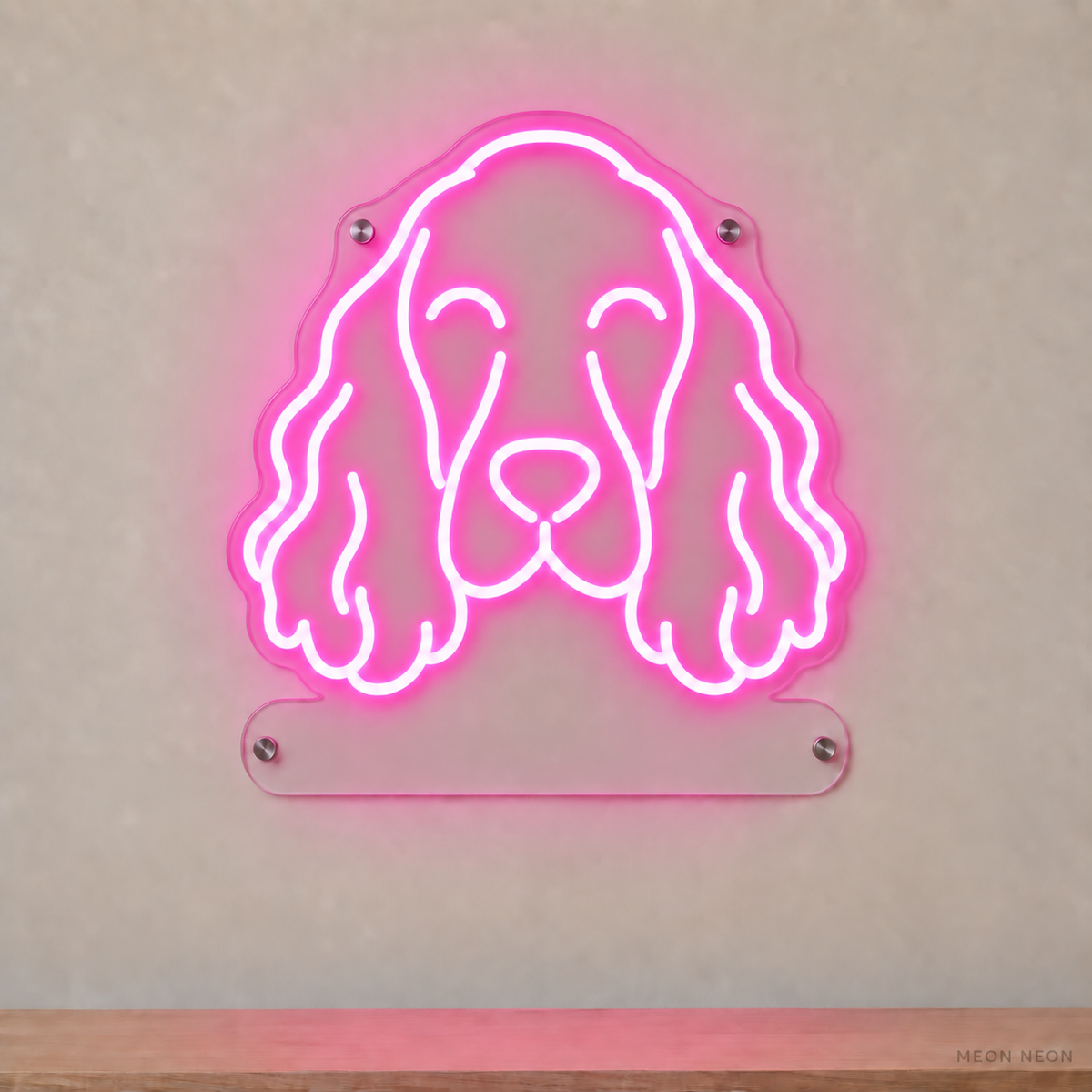 MEON NEON-watermarked concept mockup of a Pink English Cocker Spaniel head LED neon sign with a blank acrylic area for a UV-printed breed caption or dog name.