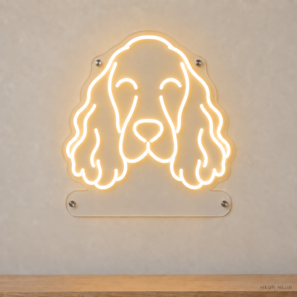 MEON NEON-watermarked concept mockup of a Warm White English Cocker Spaniel head LED neon sign with a blank acrylic area for a UV-printed breed caption or dog name.