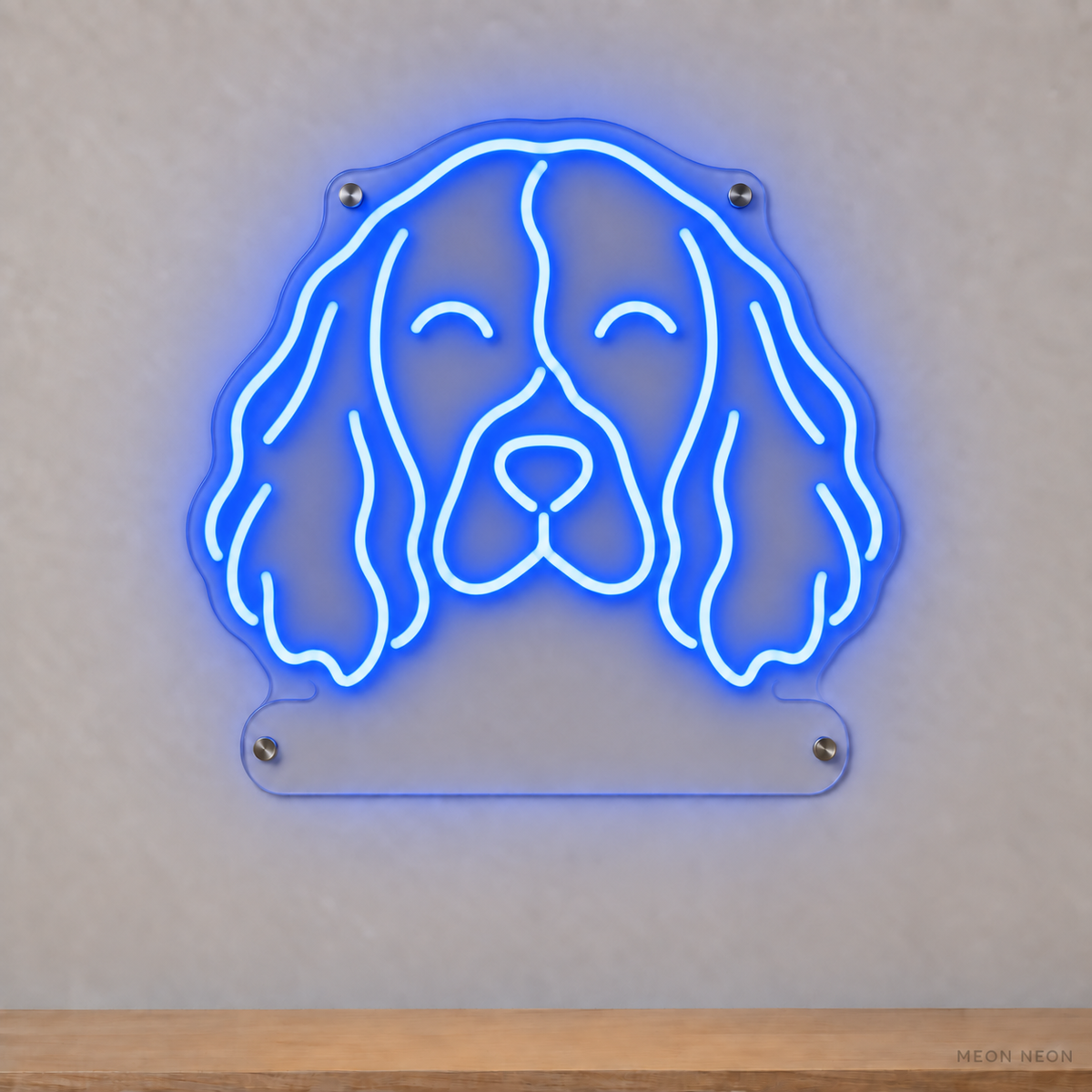 MEON NEON-watermarked concept mockup of a Blue English Springer Spaniel head LED neon sign with a blank acrylic area for a UV-printed breed caption or dog name.