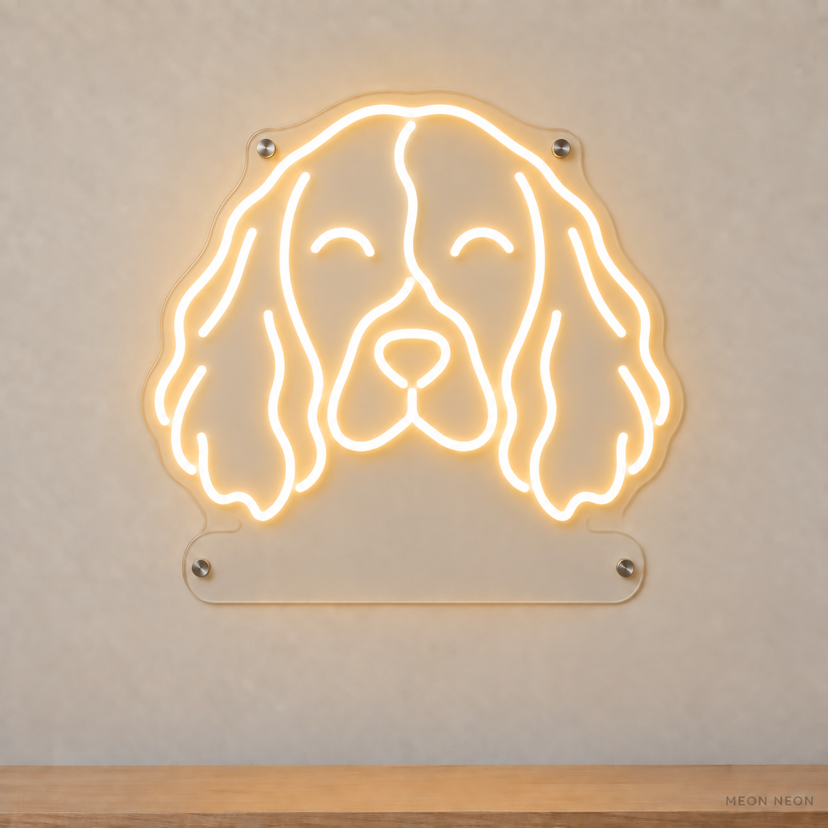 MEON NEON-watermarked concept mockup of a Warm White English Springer Spaniel head LED neon sign with a blank acrylic area for a UV-printed breed caption or dog name.