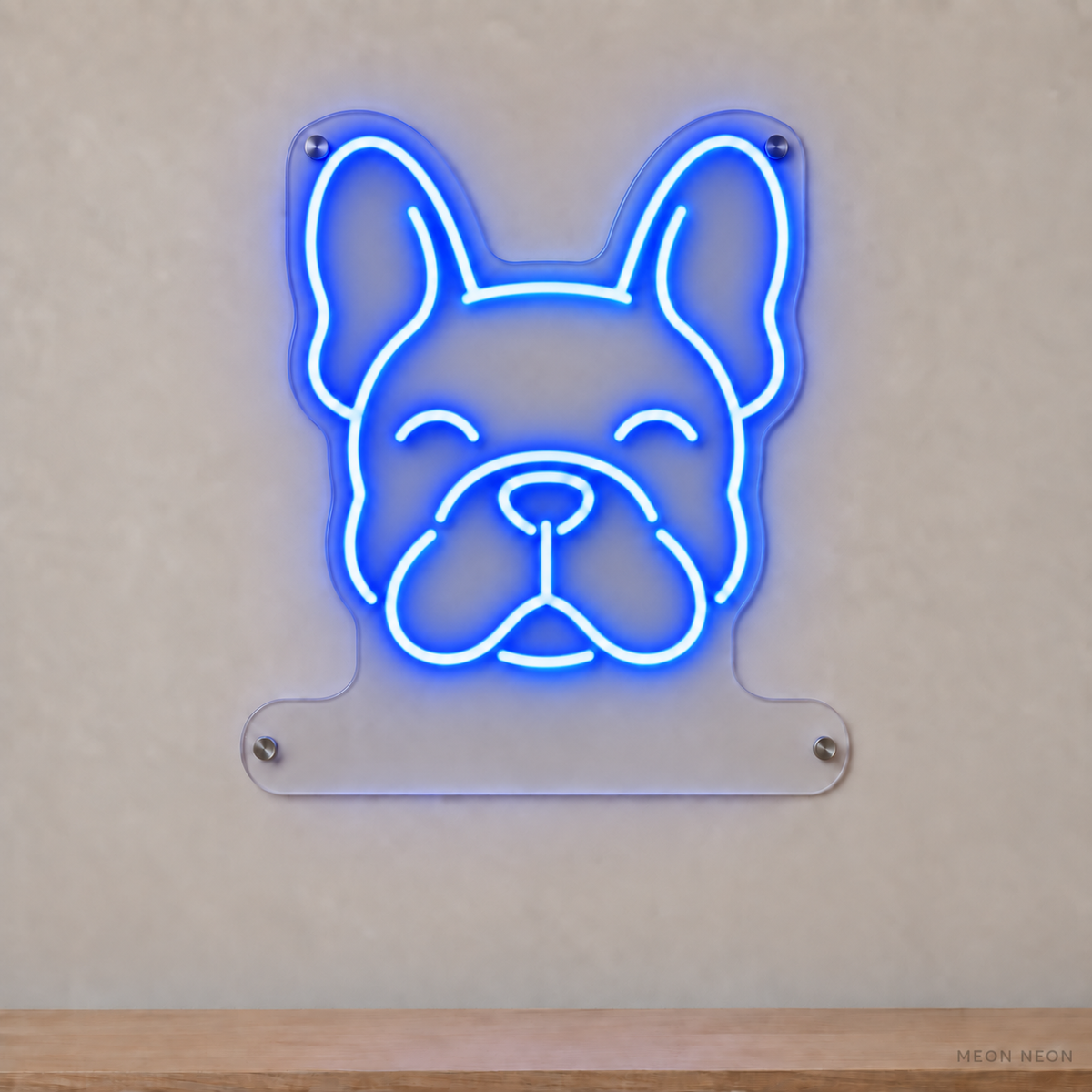 MEON NEON-watermarked concept mockup of a Blue French Bulldog head LED neon sign with a blank acrylic area for a UV-printed breed caption or dog name.