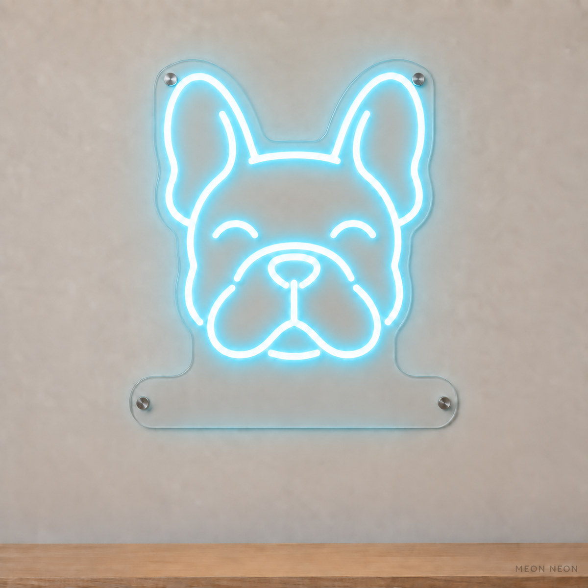 MEON NEON-watermarked concept mockup of a Ice Blue French Bulldog head LED neon sign with a blank acrylic area for a UV-printed breed caption or dog name.
