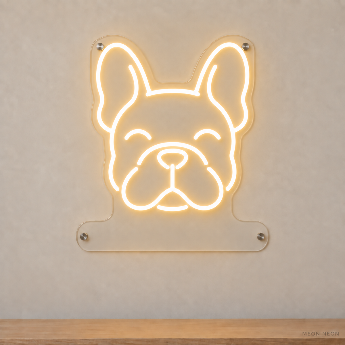 MEON NEON-watermarked concept mockup of a Warm White French Bulldog head LED neon sign with a blank acrylic area for a UV-printed breed caption or dog name.