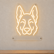 MEON NEON-watermarked concept mockup of a Warm White German Shepherd Dog head LED neon sign with a blank acrylic area for a UV-printed breed caption or dog name.