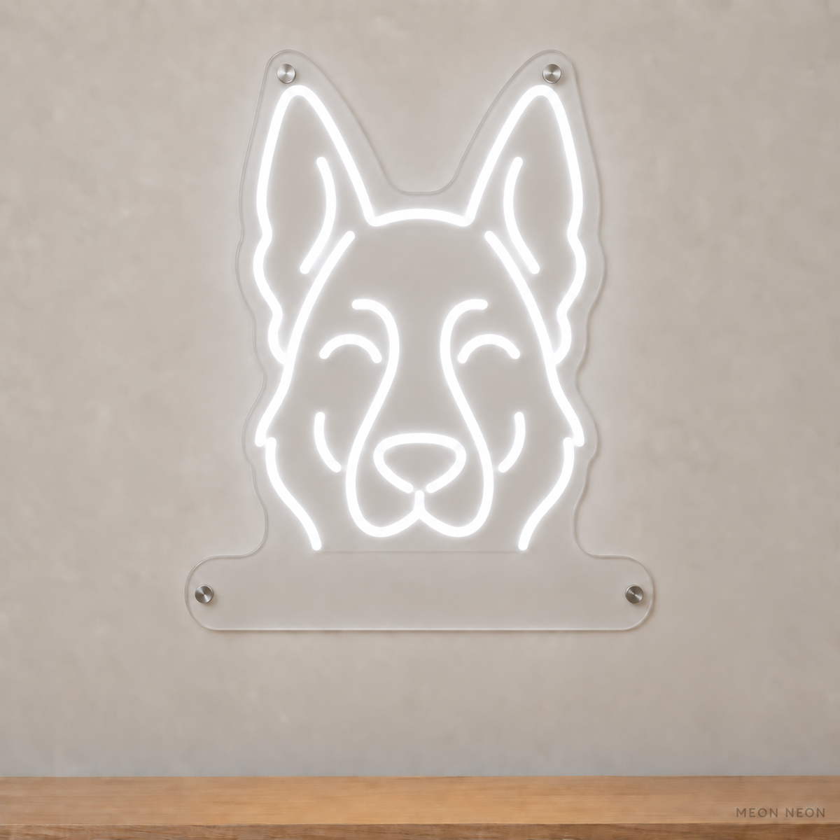 MEON NEON-watermarked concept mockup of a White German Shepherd Dog head LED neon sign with a blank acrylic area for a UV-printed breed caption or dog name.