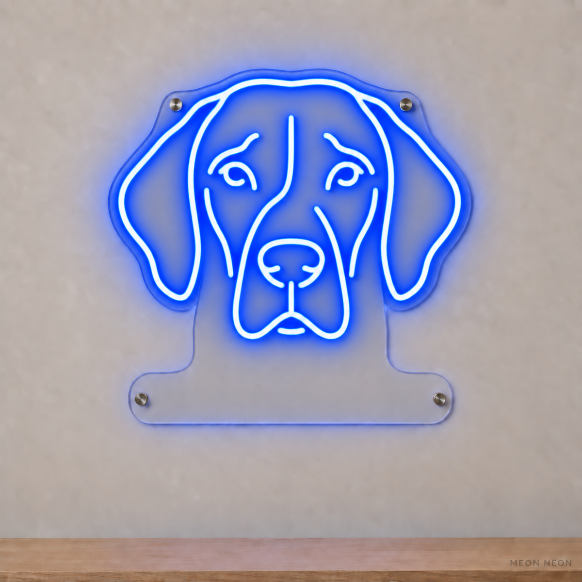 MEON NEON-watermarked concept mockup of a Blue German Shorthaired Pointer head LED neon sign with a blank acrylic area for a UV-printed breed caption or dog name.