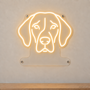 MEON NEON-watermarked concept mockup of a Warm White German Shorthaired Pointer head LED neon sign with a blank acrylic area for a UV-printed breed caption or dog name.