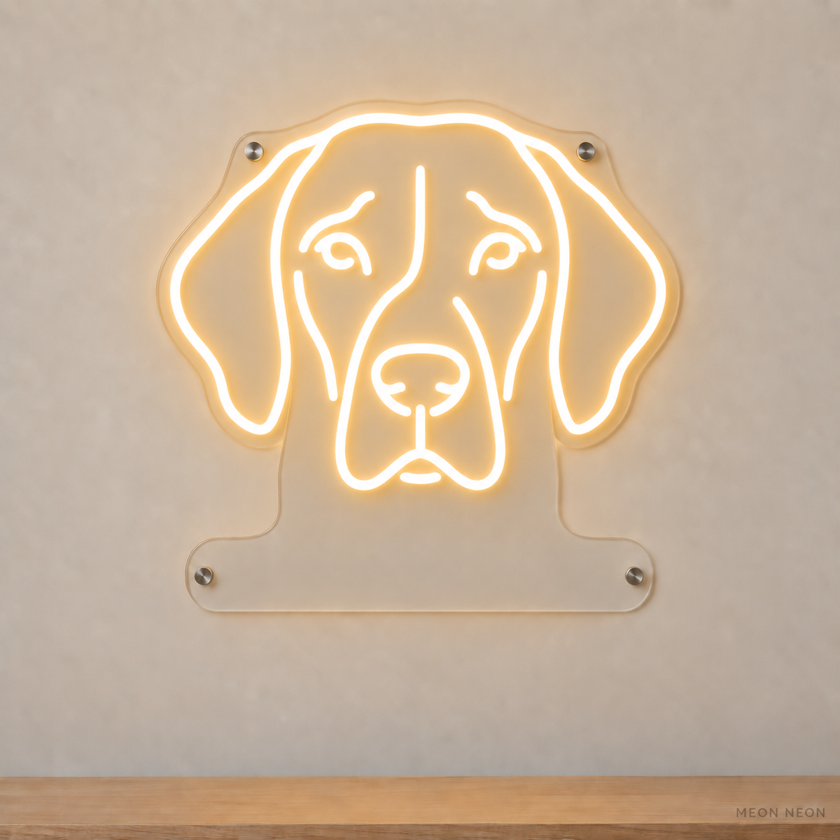 MEON NEON-watermarked concept mockup of a Warm White German Shorthaired Pointer head LED neon sign with a blank acrylic area for a UV-printed breed caption or dog name.