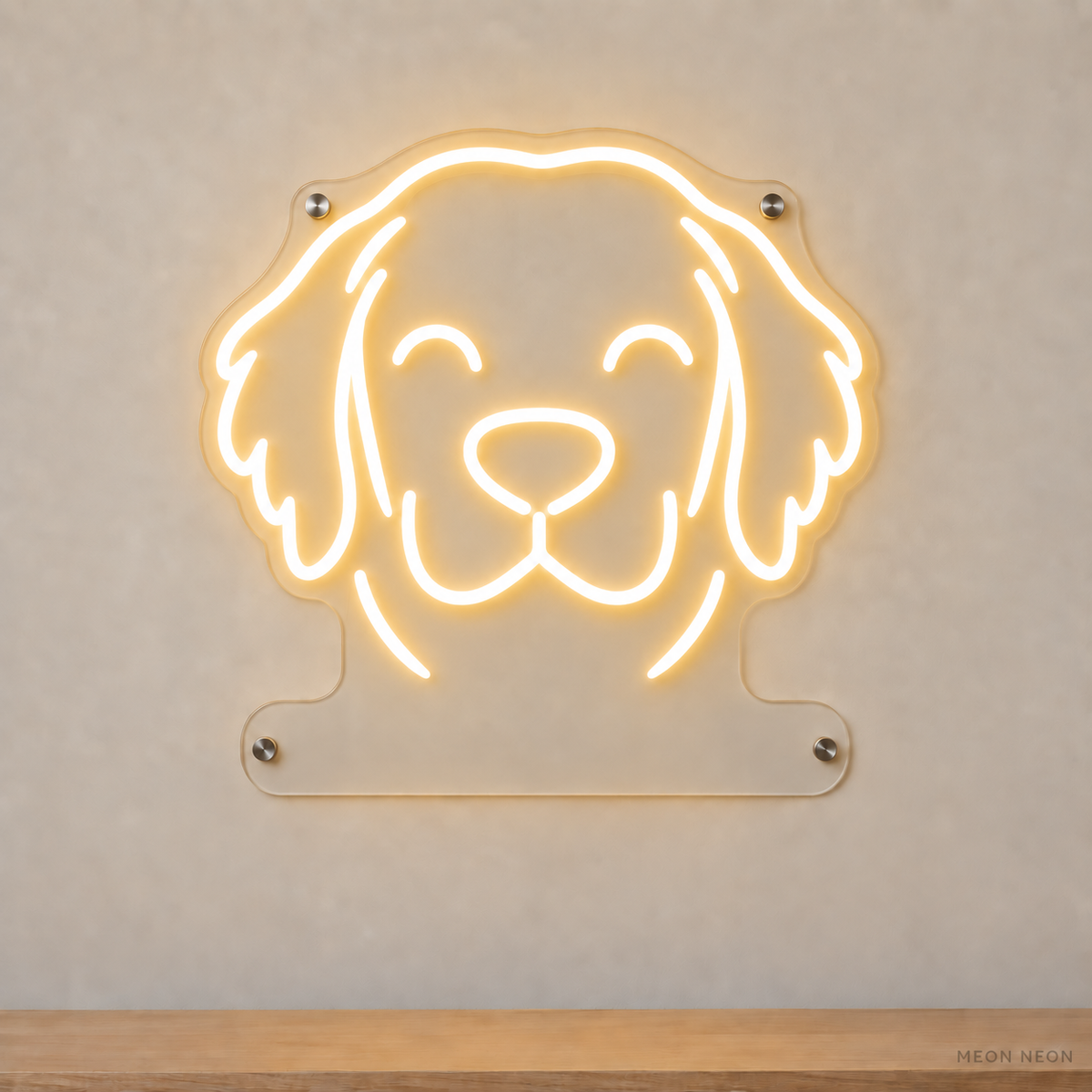 MEON NEON-watermarked concept mockup of a Warm White Golden Retriever head LED neon sign with a blank acrylic area for a UV-printed breed caption or dog name.