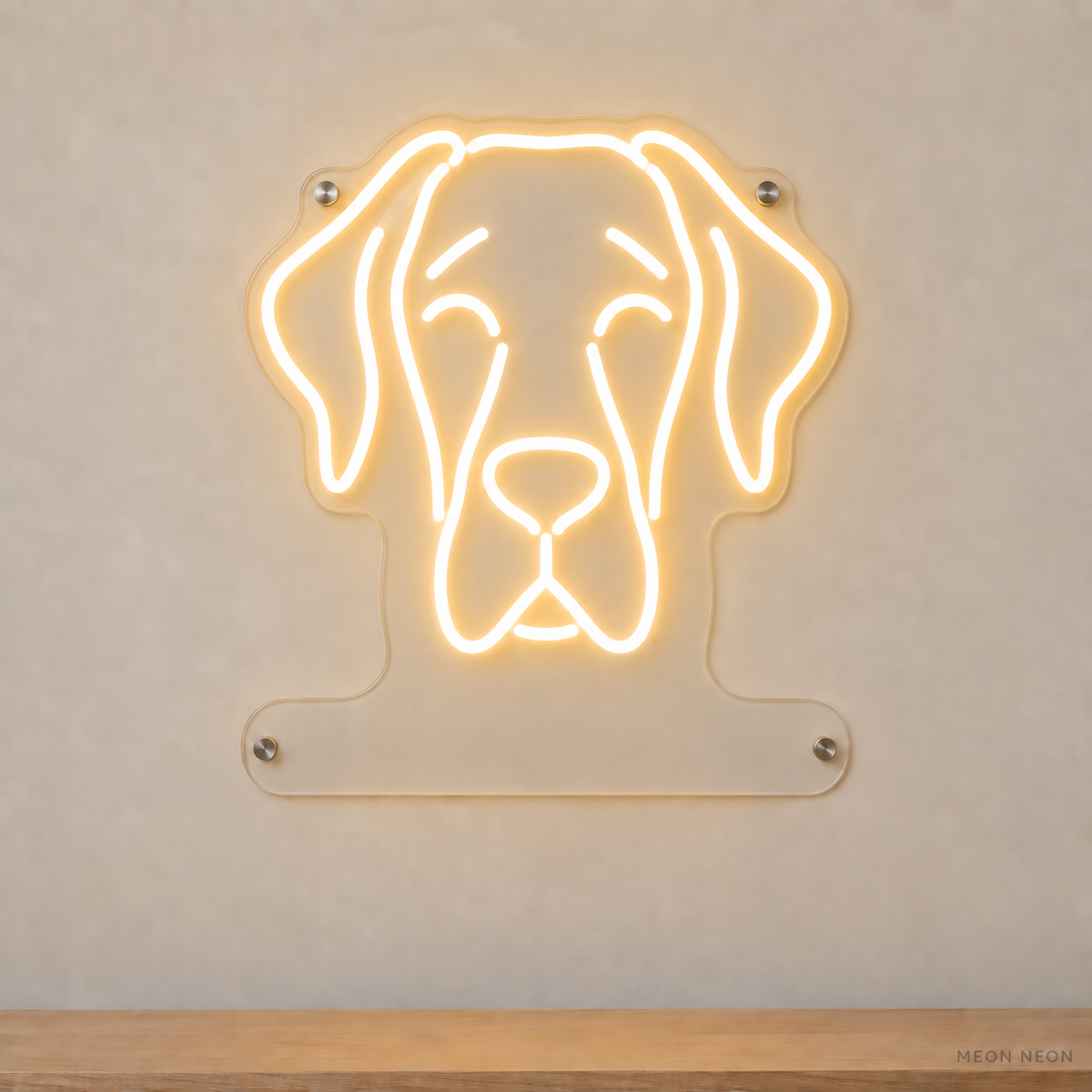 MEON NEON-watermarked concept mockup of a Warm White Great Dane head LED neon sign with a blank acrylic area for a UV-printed breed caption or dog name.