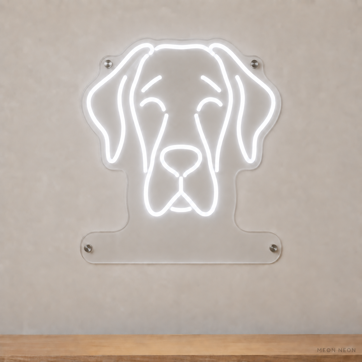 MEON NEON-watermarked concept mockup of a White Great Dane head LED neon sign with a blank acrylic area for a UV-printed breed caption or dog name.